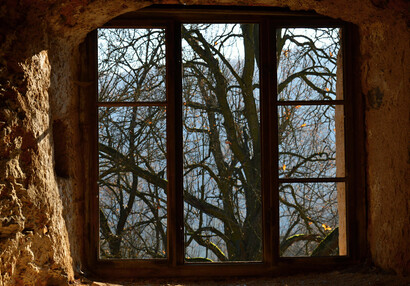 Im Fenster des Speisesaales sind die Fentserrahmen aus Holz erhalten geblieben.