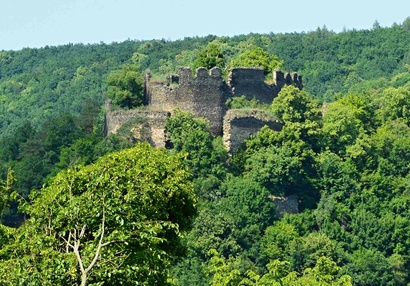 Die Alte Burg vom österreichischen Ufer der Thaya gesehen.
