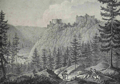 Blick auf die Burg vom österreichischen Ufer der Thaya, Lithographie, A. B. Kunike, um 1834.